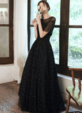 Black A line tulle long prom dress black evening dress HZ1023