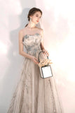 Champagne tulle sequins long A line prom dress HZ1023