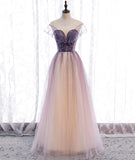 Elegant tulle sequins prom dress A line evening dress HZ1023