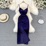 Slim open back split gold velvet dress suspender dress HZ1023