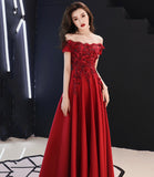 Burgundy satin lace long prom dress A line evening dress HZ1023