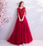 Red v neck lace long prom dress A line evening gown HZ1023