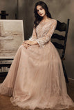 Stylish tulle lace long prom dress long sleeve evening dress HZ1023