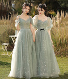 Green tulle long A line prom dress bridesmaid dress HZ1023