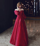 Burgundy lace long prom dress A line evening dress HZ1023