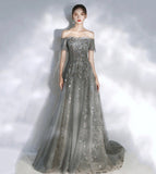 Grey sequins long A line prom dress evening dress HZ1023