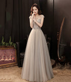 Cute tulle beads long prom dress A line evening gown HZ1023