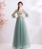 Green tulle lace long A line prom dress evening dress HZ1023