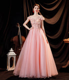 Pink tulle applique long A line prom dress evening dress HZ1023
