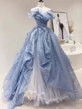 Blue Stylish Elegant Long Tulle Floor-Length Prom Dress Evening Dress Graduation Dress Adult Ceremony Dress HZ1023