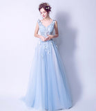 Blue tulle lace long A line prom dress blue evening dress HZ1023