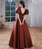 Burgundy v neck satin long prom gown A line formal gown HZ1023