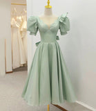 Green satin short A line prom dress party dress HZ1023
