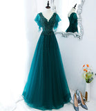 Green tulle beads long prom dress evening gown HZ1023