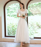 White tulle tea length prom dress white evening dress HZ1023