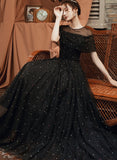 Black A line tulle long prom dress black evening dress HZ1023