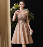 Gold tulle beads short prom dress party dress HZ1023
