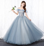 Grey tulle lace long prom gown A line evening dress HZ1023