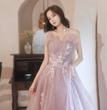 Pink tulle lace long A line prom dress evening gown HZ1023