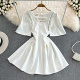 Temperament diamond studded bubble sleeves, slim waist, short A-line dress HZ1023