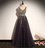 Stylish v neck tulle long prom dress A line evening dress HZ1023