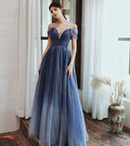 Blue tulle beads long prom dress evening dress HZ1023