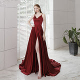 Burgundy satin long prom dress HZ1023
