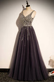 Stylish v neck tulle long prom dress A line evening dress HZ1023