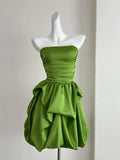 Green cute sweet tube top short satin homecoming dress birthday party dress holiday small dress HZ1023