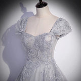 Gray tulle lace long prom dress A line evenig gown HZ1023