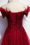 Burgundy tulle sequins long A line prom dress evening dress HZ1023