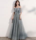 Shiny tulle long prom dress with sequins gray evening dress HZ1023