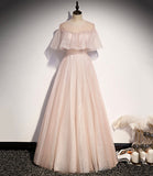 Pink tulle long A line prom dress pink evening dress HZ1023