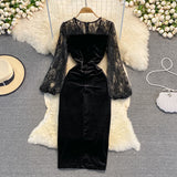 Black V Neck Velvet Dress Long Sleeve Dress HZ1023