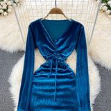 Sexy V Neck Velvet Long Sleeve Dress Fashion Dress HZ1023