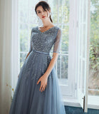 Blue tulle beads long prom dress A line evening gown HZ1023