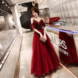 Burgundy v neck tulle sequins long prom dress, evening dress HZ1023