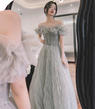 Gray tulle long prom dress A line evening dress HZ1023