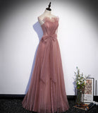 Pink tulle sequins long prom dress A line evening dress HZ1023