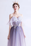Purple tulle long A line prom dress evening dress HZ1023
