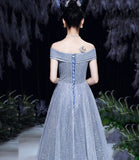 Blue tulle sequins long prom dress blue evening dress HZ1023