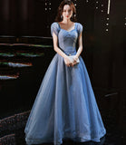 Blue tulle sequins long prom dress evening gown HZ1023