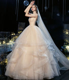 Champagne tulle long prom dress A line evening gown HZ1023