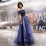 Blue tulle long prom dress with stars HZ1023