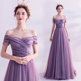 Purple tulle long prom dress A line evening dress HZ1023