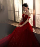Red tulle sequins long prom dress evening gown HZ1023