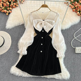 Cute V-Neck Bow Long Sleeve Dress Black Fashion Dress HZ1023