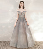 Gray tulle sequins long prom dress with star HZ1023
