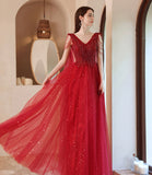 Red tulle beads long A line prom dress evening dress HZ1023