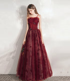 Burgundy tulle long A line prm dress evening dress HZ1023